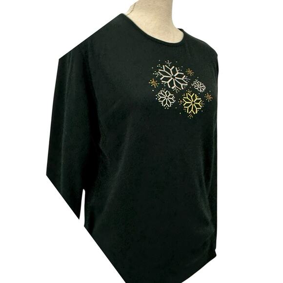 M&C Sportswear Christmas Top Size L Long Sleeve T Shirt Black Bling Snowflakes - Picture 1 of 8